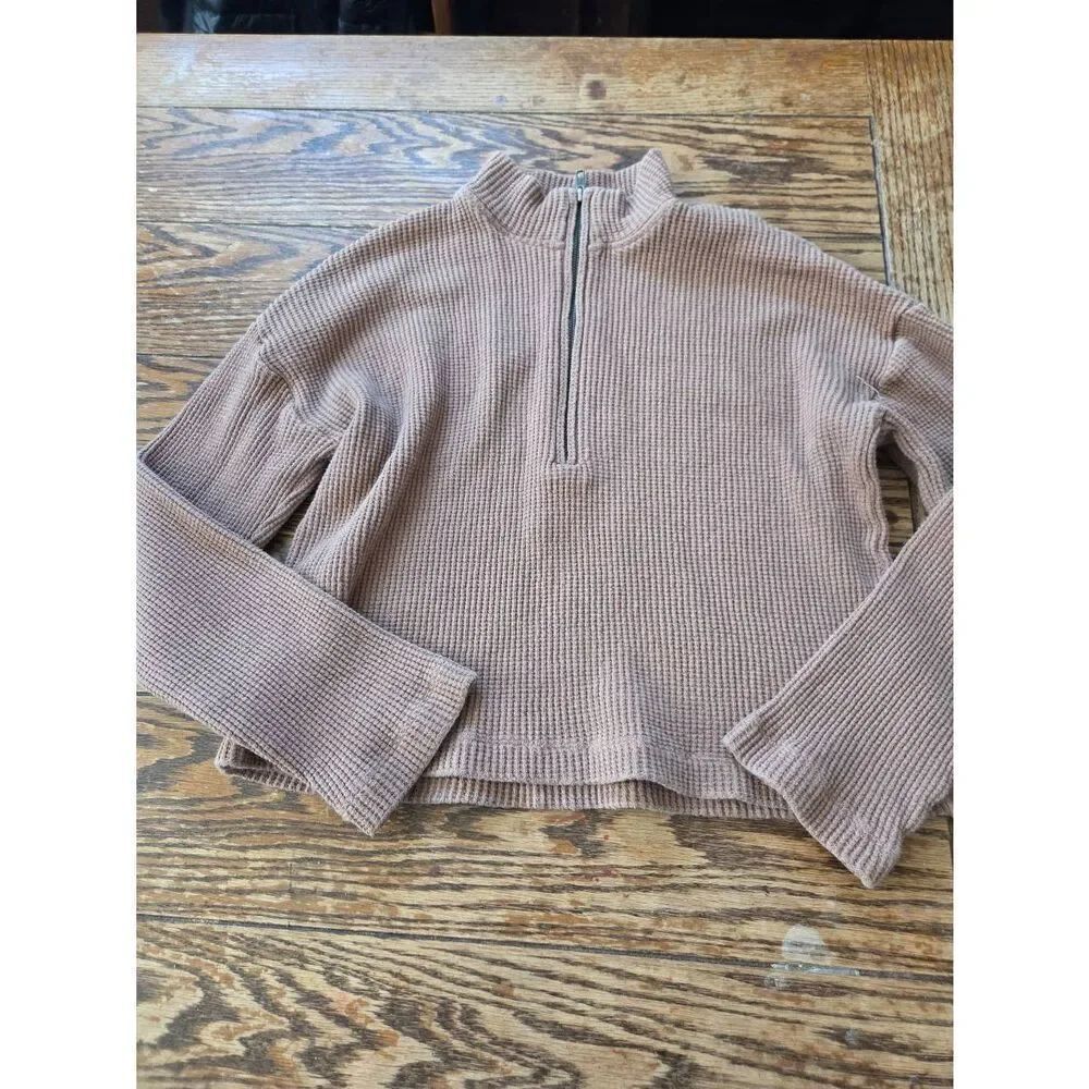 Reformation Yale Half Zip Brown Waffle Knit Pullover Shirt  Minimalist Sz Small